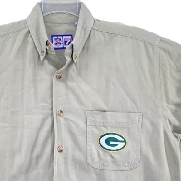 Vtg Logo 7 Packers Shirt Men M LS Button Down Khaki Beige Game Day Green Bay Y2K - Picture 2 of 16